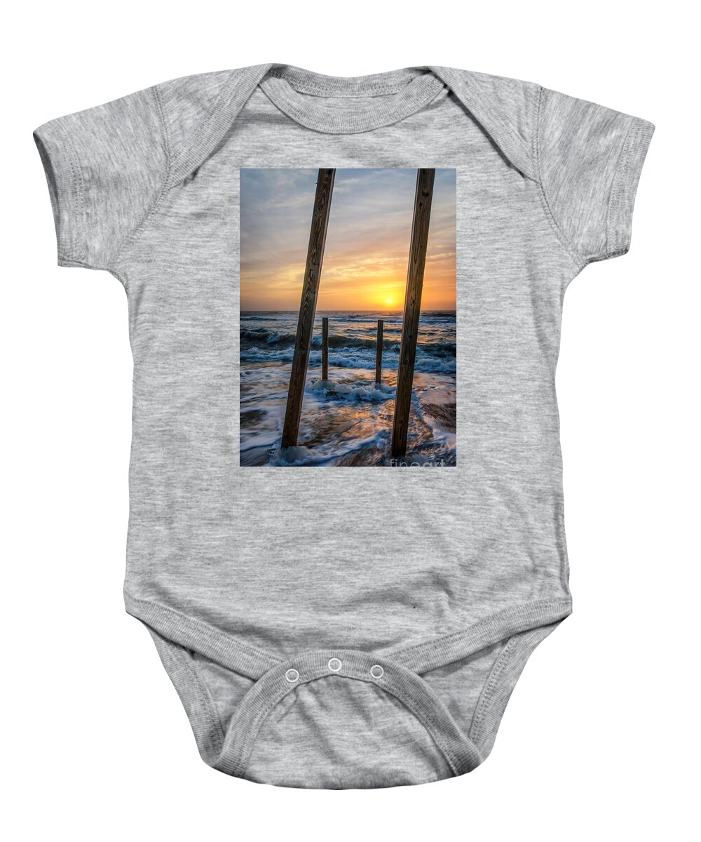 Sunrise Baby Onesie featuring the photograph Sunrise Between the Pillars Coastal Landscape Photograph by PIPA Fine Art - Simply Solid