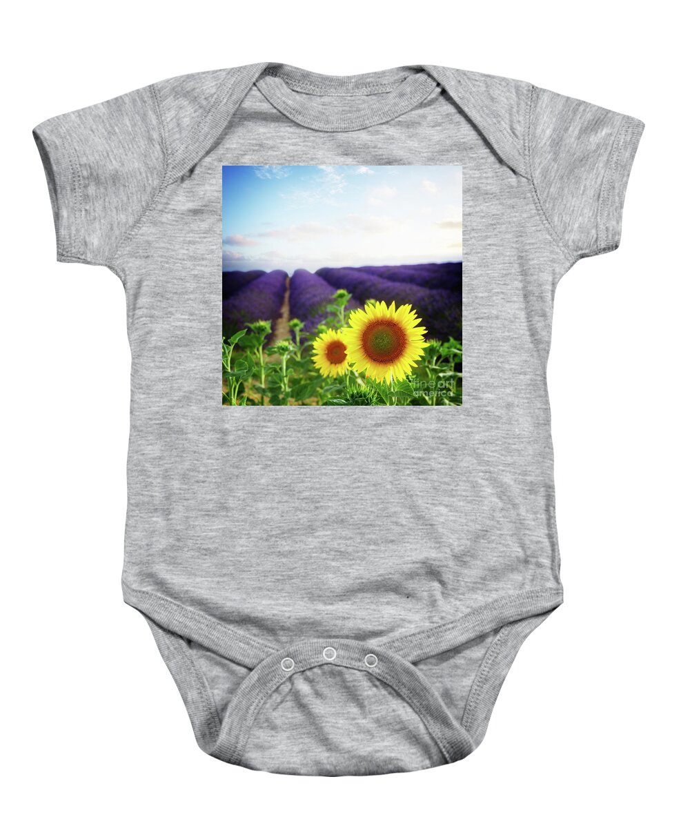 Lavender Baby Onesie featuring the photograph Sunrise over Sunflower and Lavender Field by Anastasy Yarmolovich