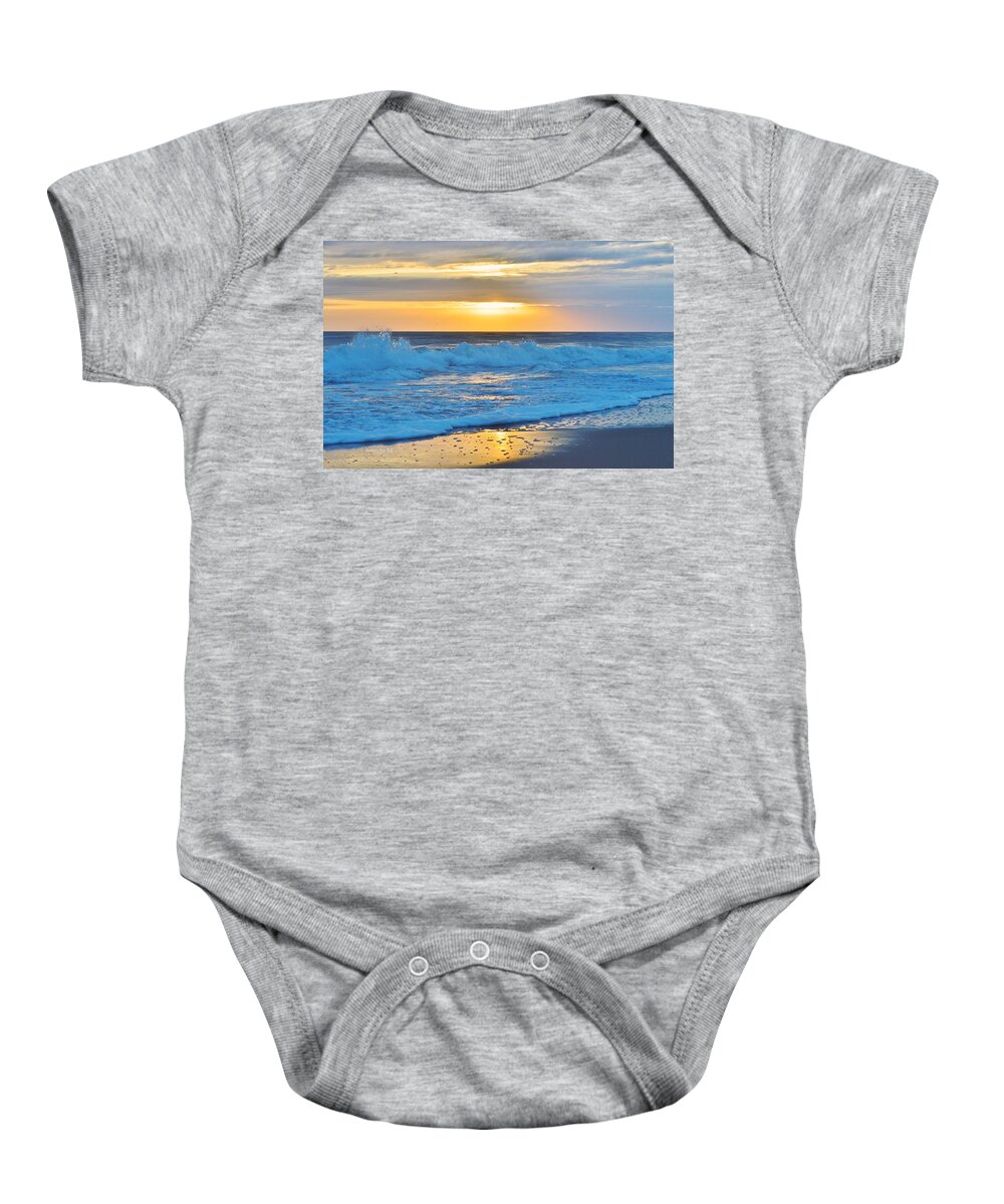 Waves Baby Onesie featuring the photograph Sunrise with a Splash by Barbara Ann Bell