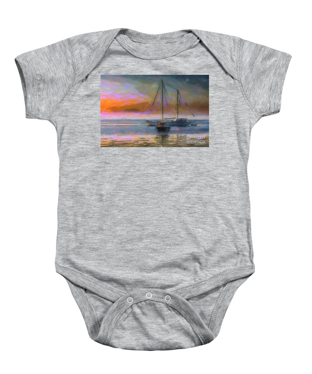 Sunrise Baby Onesie featuring the painting Sunrise with boats by Chris Armytage