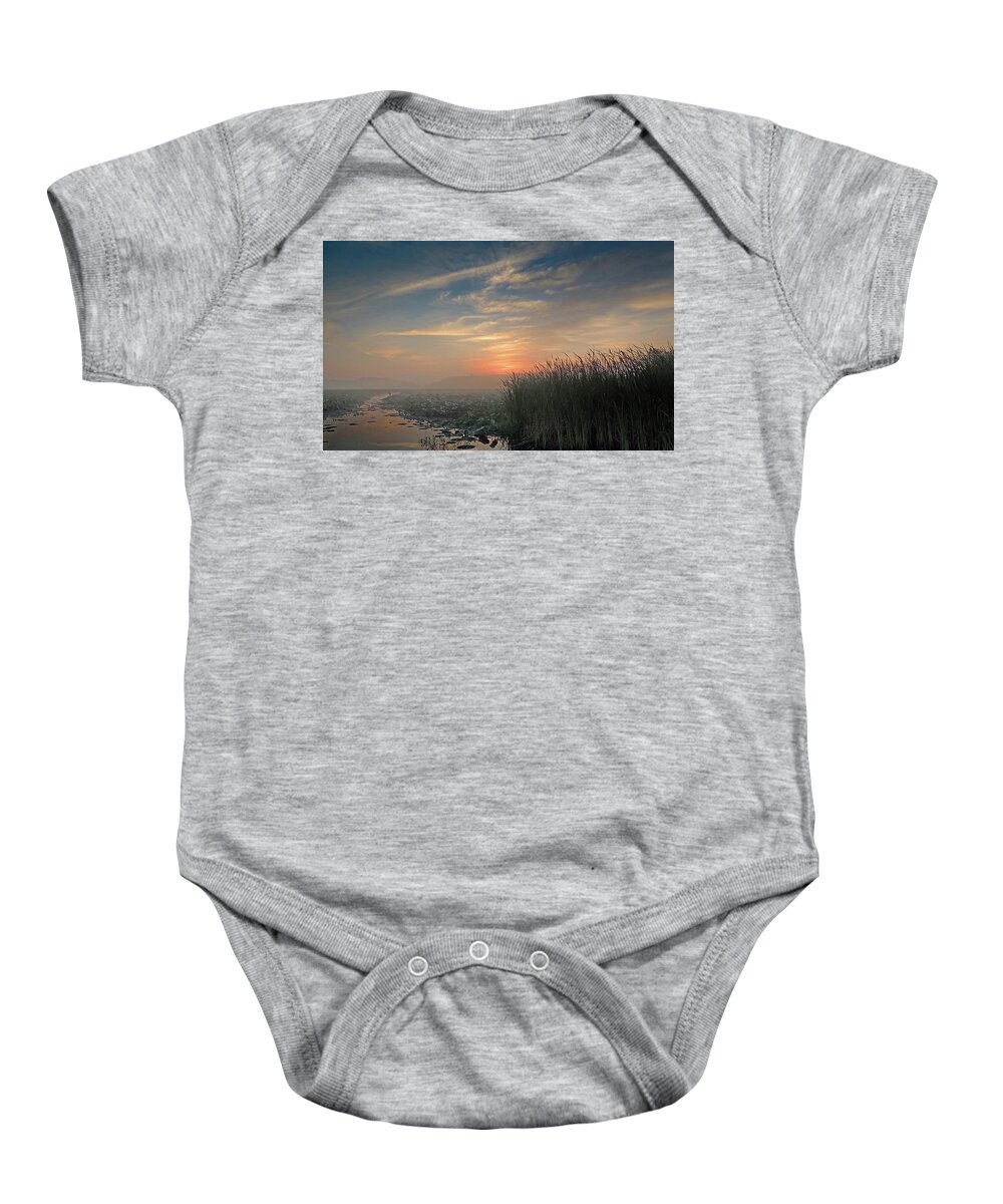 Sunrise Baby Onesie featuring the photograph Sunrise Through the Fog by Robert Mitchell