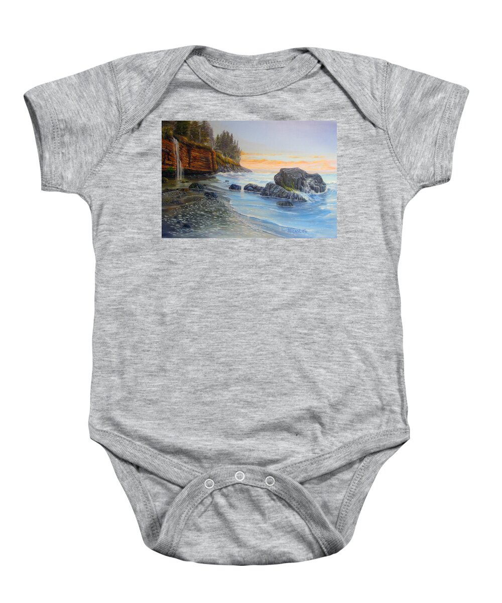 Seascape Baby Onesie featuring the painting Sunset Mystic Beach by Wayne Enslow
