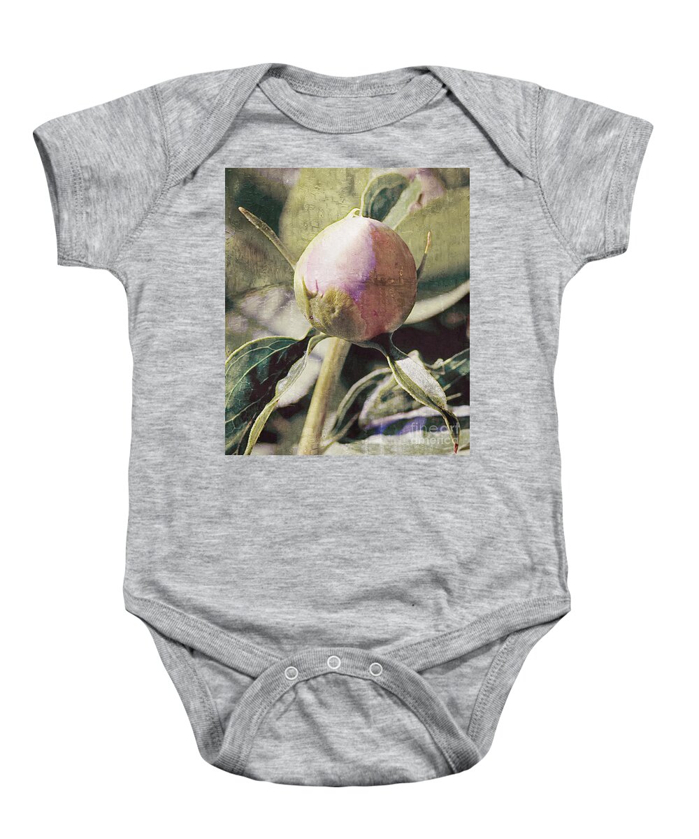 Peony Baby Onesie featuring the photograph Sweet Pink Peony Bud by Lilliana Mendez