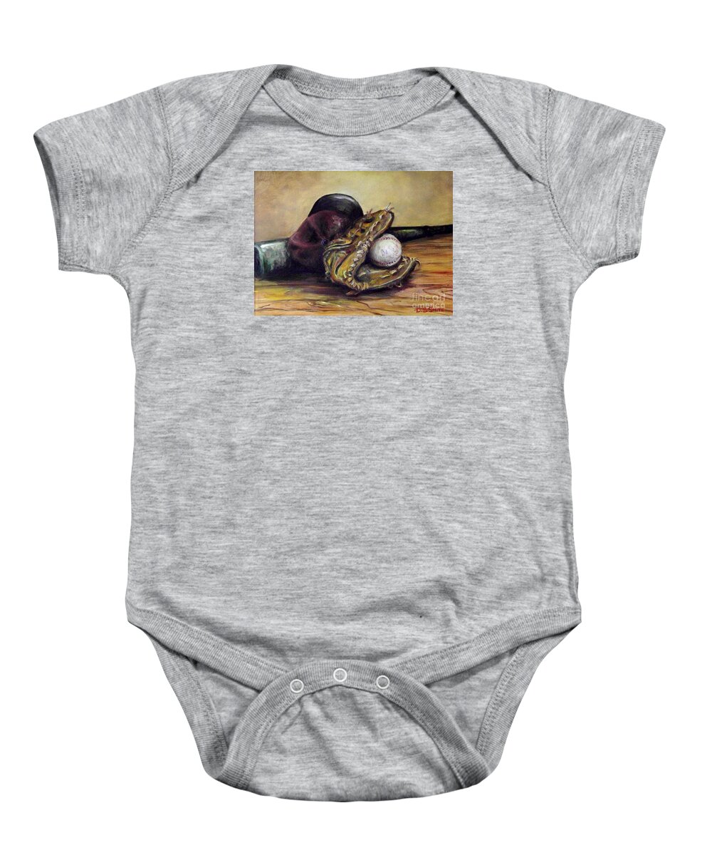 Base Ball Cap Baby Onesie featuring the painting Take Me Out to the Ball Game by Deborah Smith
