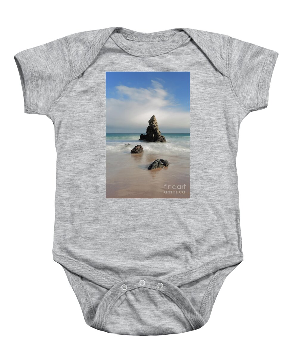 Durness Baby Onesie featuring the photograph Tall And Proud on Sango Bay by Maria Gaellman