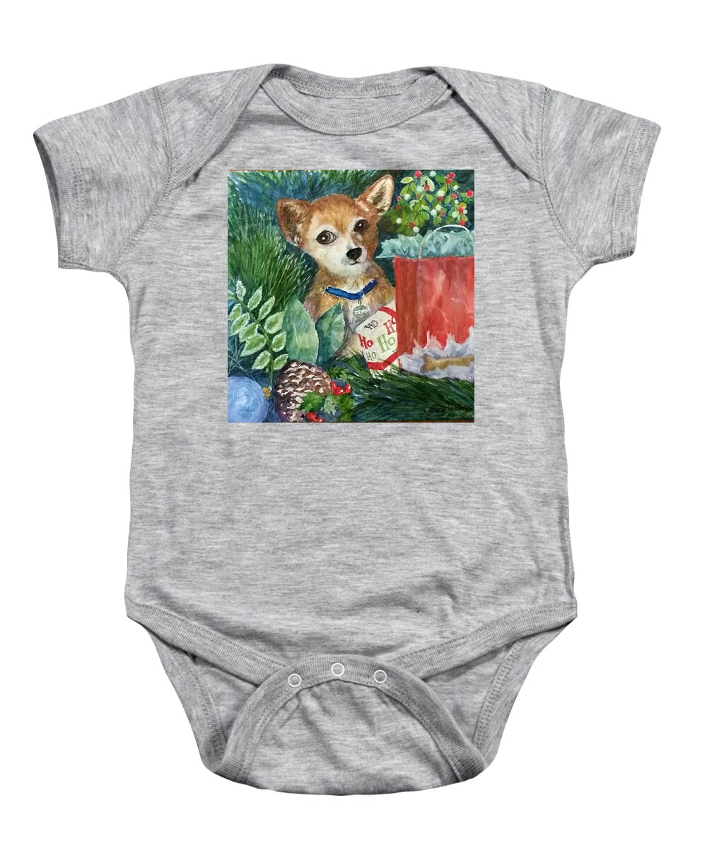 Chihuahua Baby Onesie featuring the painting Puppy Under the Tree by Cheryl Wallace