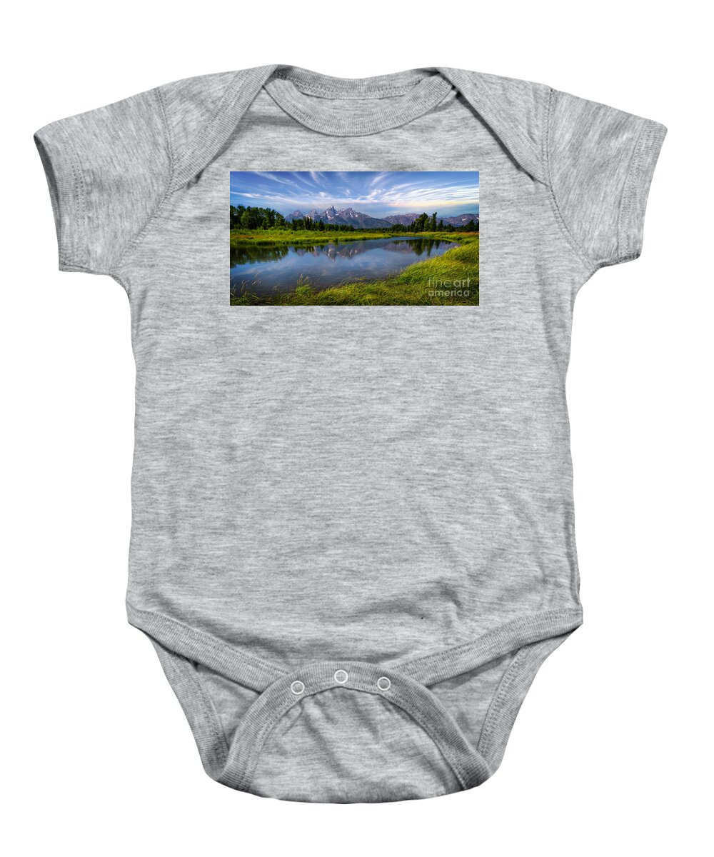 Mount Moran Baby Onesie featuring the photograph Teton Solitude Panorama by Karen Jorstad