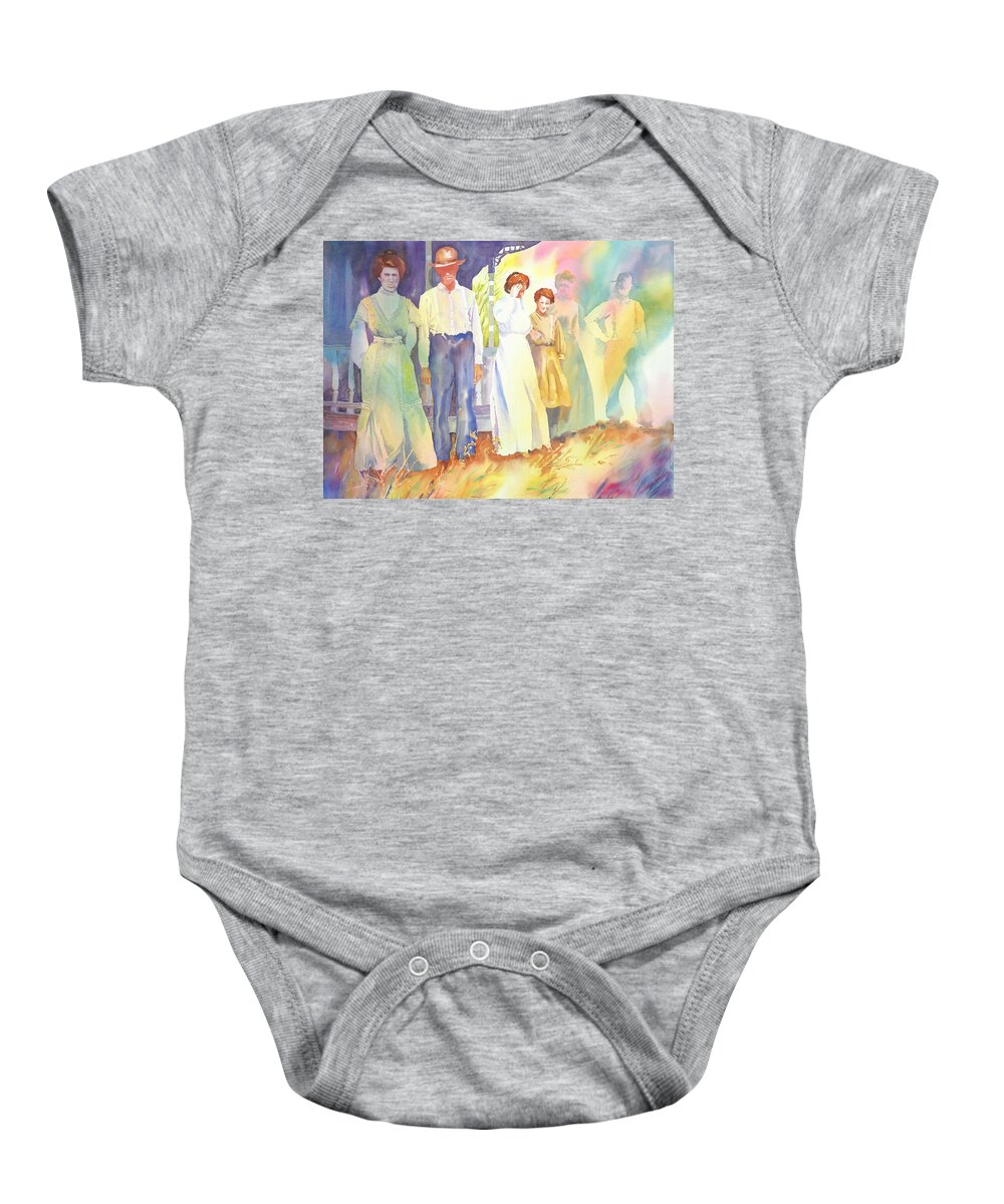 Family Baby Onesie featuring the painting The Aunts Come Calling by Tara Moorman