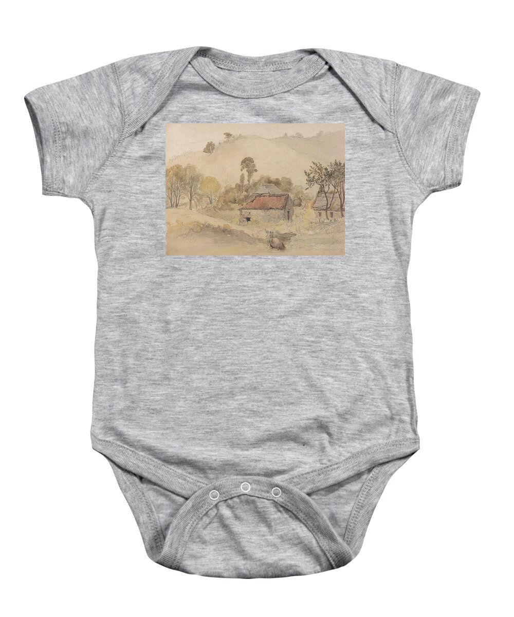 Samuel Palmer Baby Onesie featuring the painting The Barns by Samuel Palmer