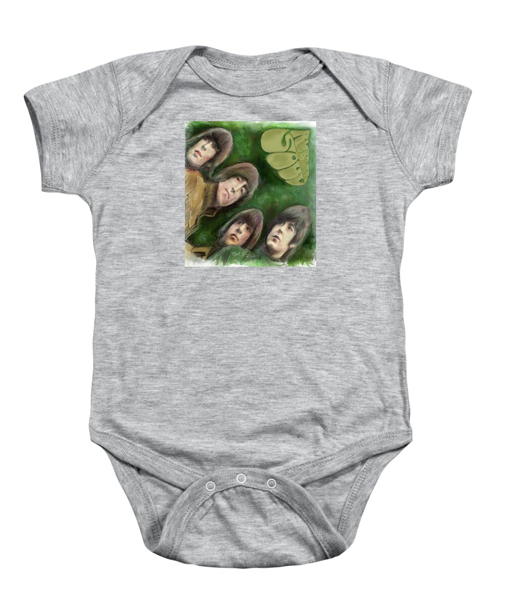 The Beatles Baby Onesie featuring the painting The Beatles, Rubber Soul by Mark Tonelli