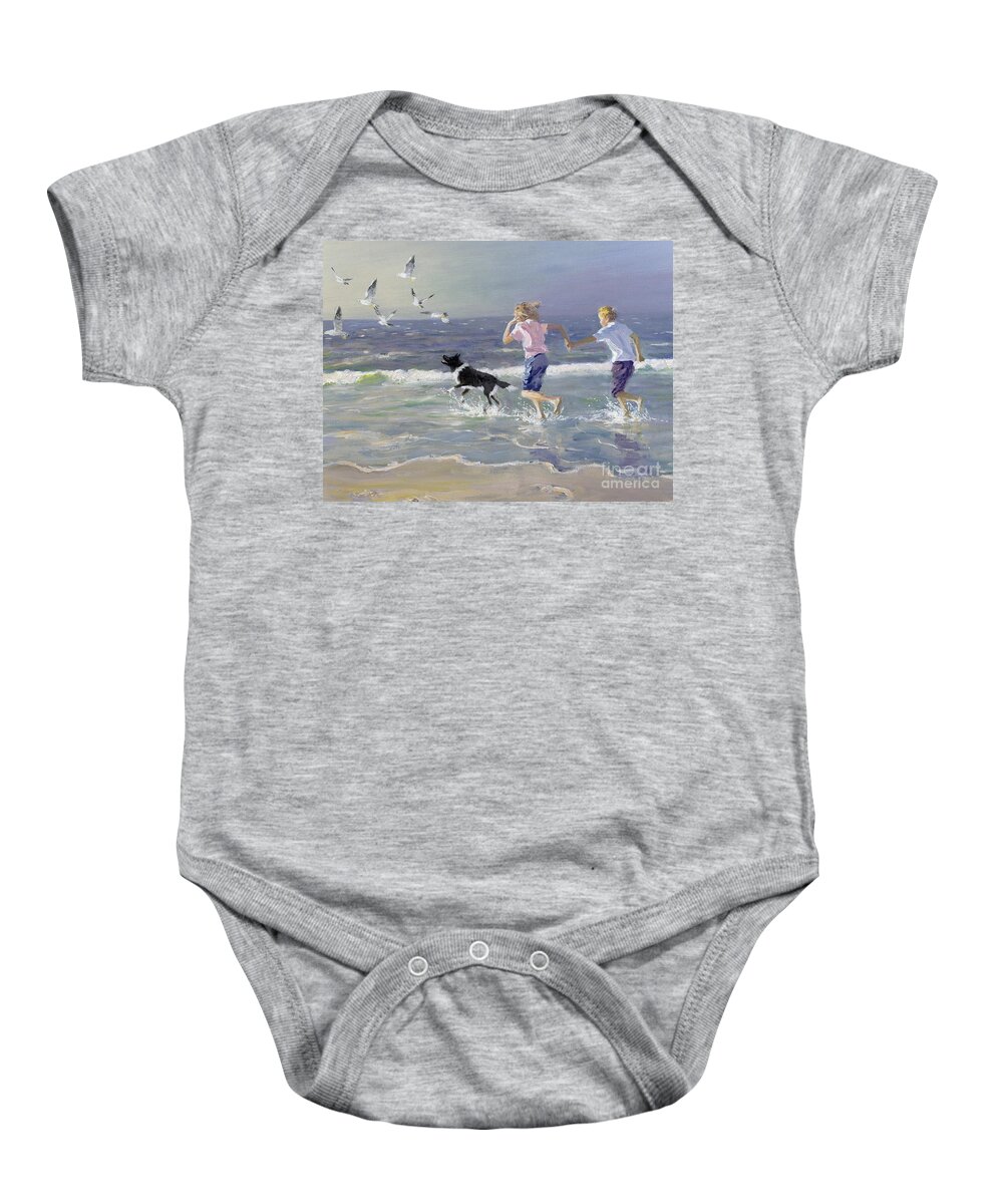 Seaside; Children Baby Onesie featuring the painting The Chase by William Ireland