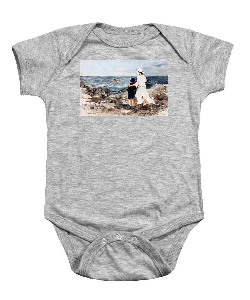 A Mother And Her Daughter Stand On The Shore Looking Out At The Ocean Baby Onesie featuring the painting The Enlightenment by Monte Toon