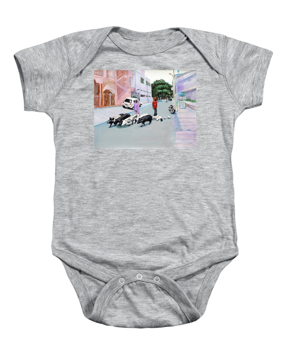 Pigs Baby Onesie featuring the painting The Herd 5 - PIGS by Usha Shantharam