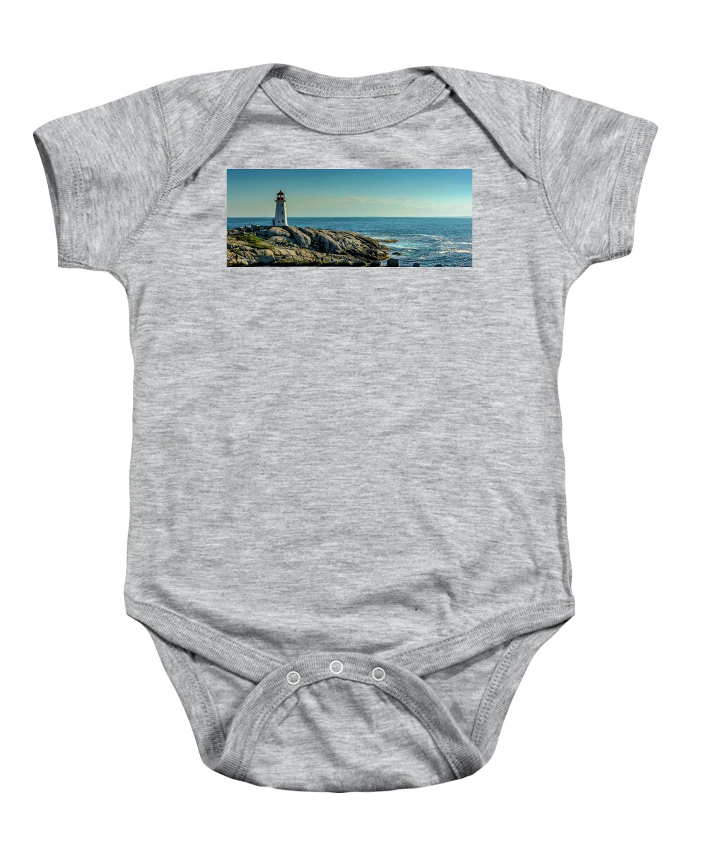Peggys Cove Baby Onesie featuring the photograph The Iconic Lighthouse at Peggys Cove by Ken Morris