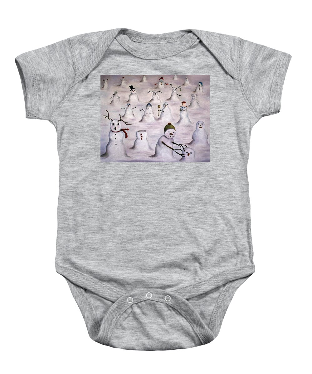 Winter Baby Onesie featuring the painting The Mystery Revealed on Snowman Hill by Leah Saulnier The Painting Maniac