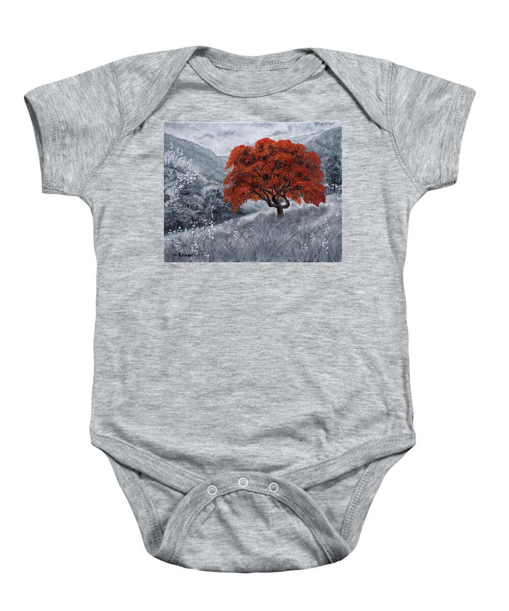 Grayscale Baby Onesie featuring the painting The Red Tree by Stephen Krieger