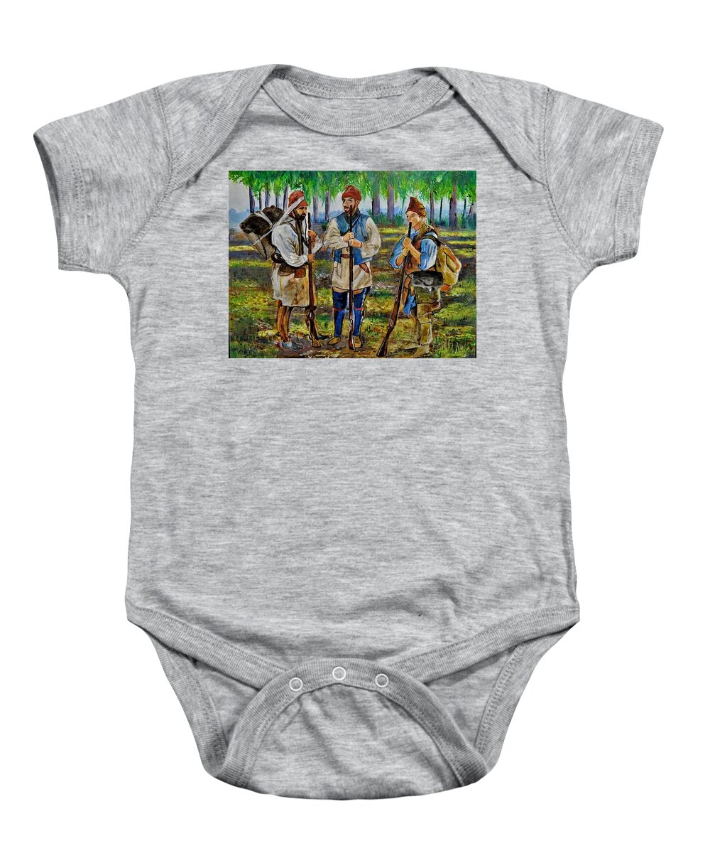 Frontiersmen Baby Onesie featuring the painting The Rendezvous. by Mike Benton