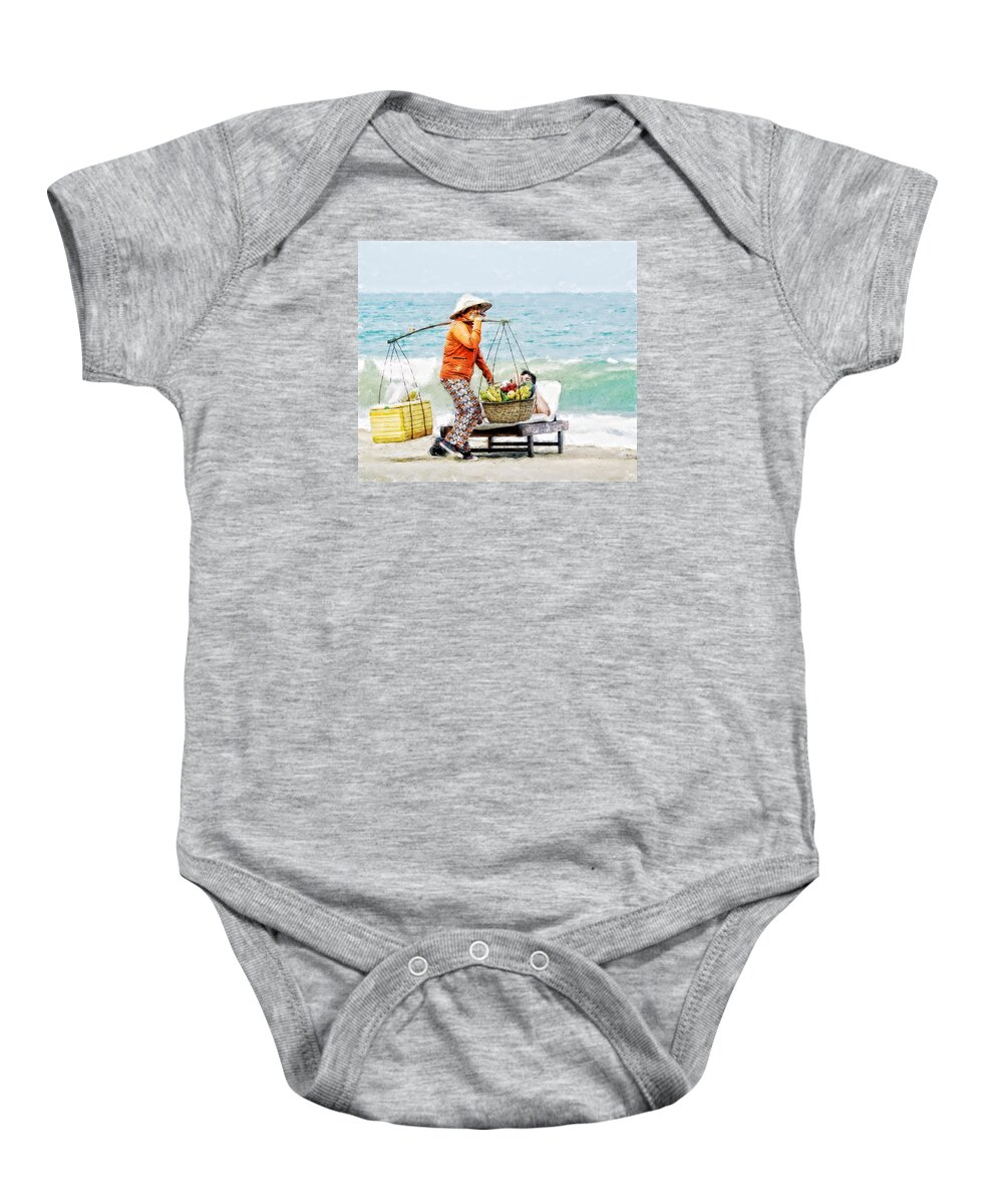 Vietnam Baby Onesie featuring the digital art The Smiling Vendor by Cameron Wood