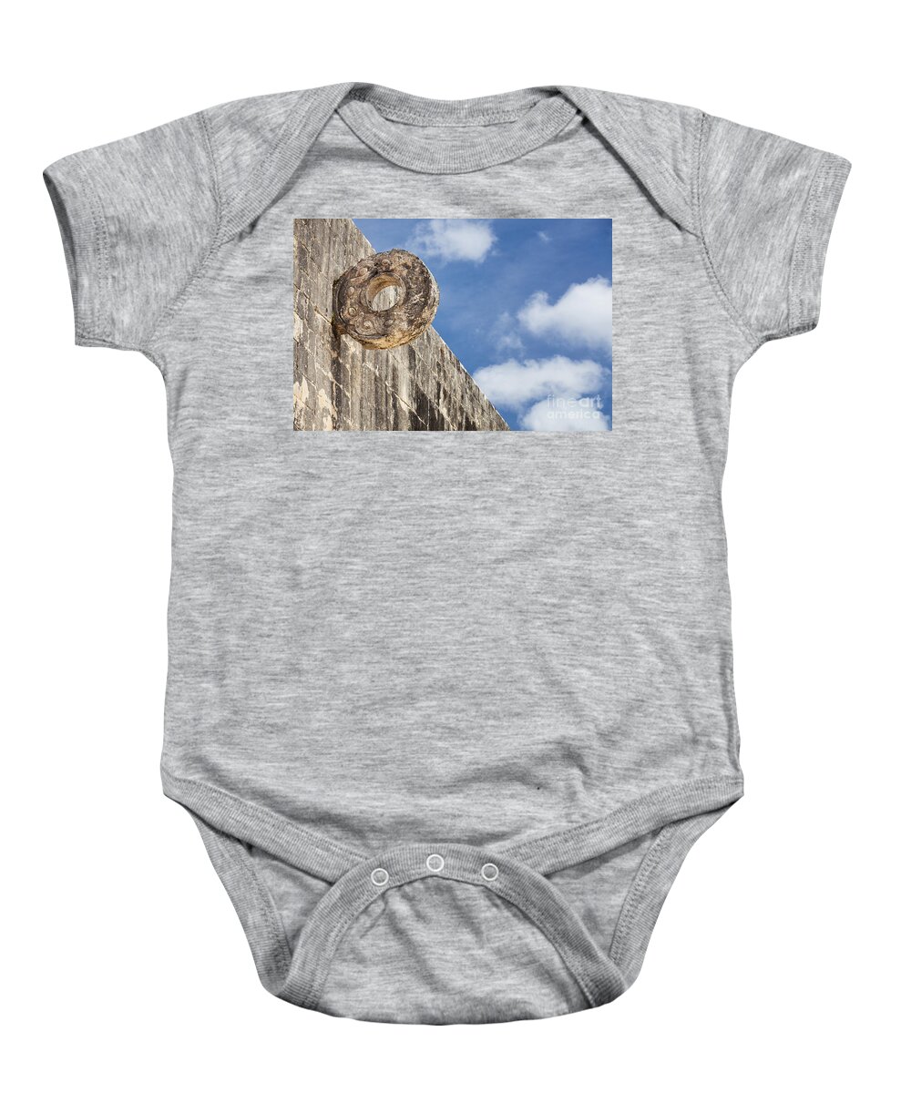 Art And Craft Baby Onesie featuring the photograph The Stone Ring at the Great Mayan Ball Court Of Chichen Itza by Bryan Mullennix