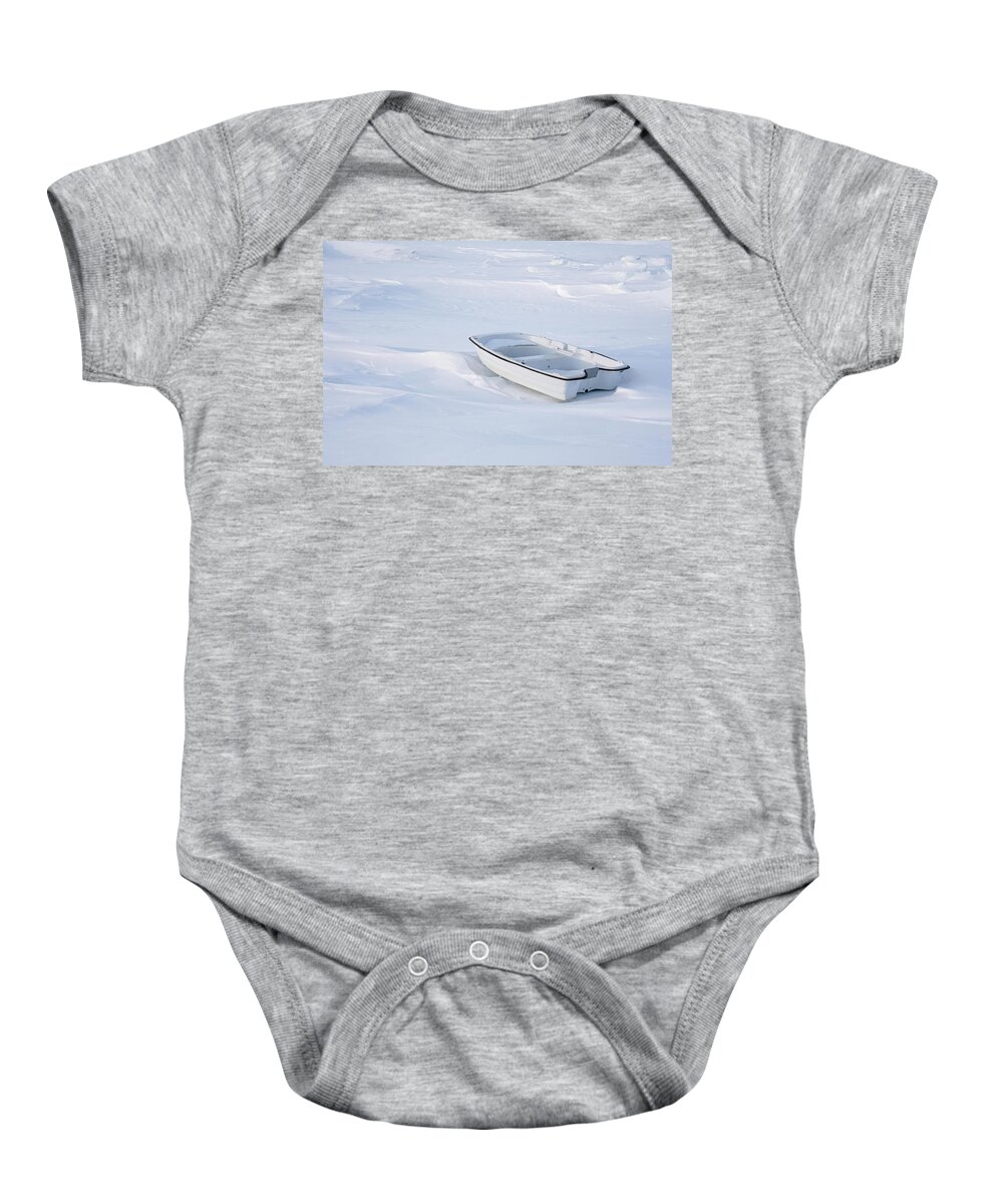 Snow White Backgrounds Baby Onesie featuring the photograph The white fishing boat by Nick Mares