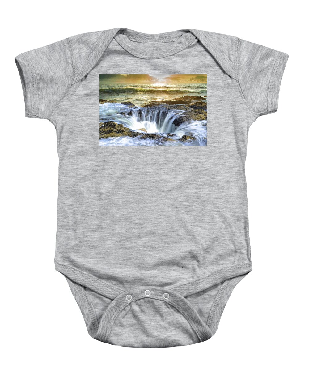 Thor's Well Baby Onesie featuring the digital art Thor's Well - Oregon Coast by Russ Harris
