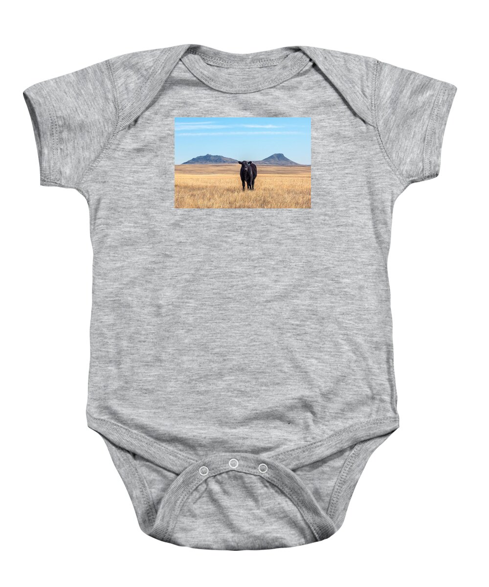 Black Angus Baby Onesie featuring the photograph Three Buttes Steer by Todd Klassy