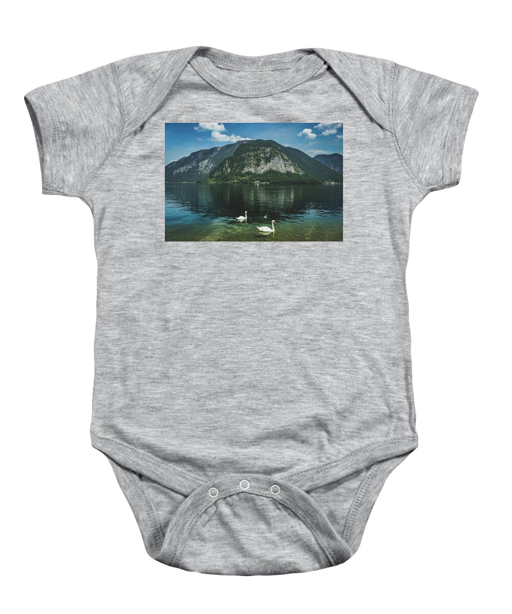 Animal Baby Onesie featuring the photograph Three Lake Hallstatt Swans by Andy Konieczny