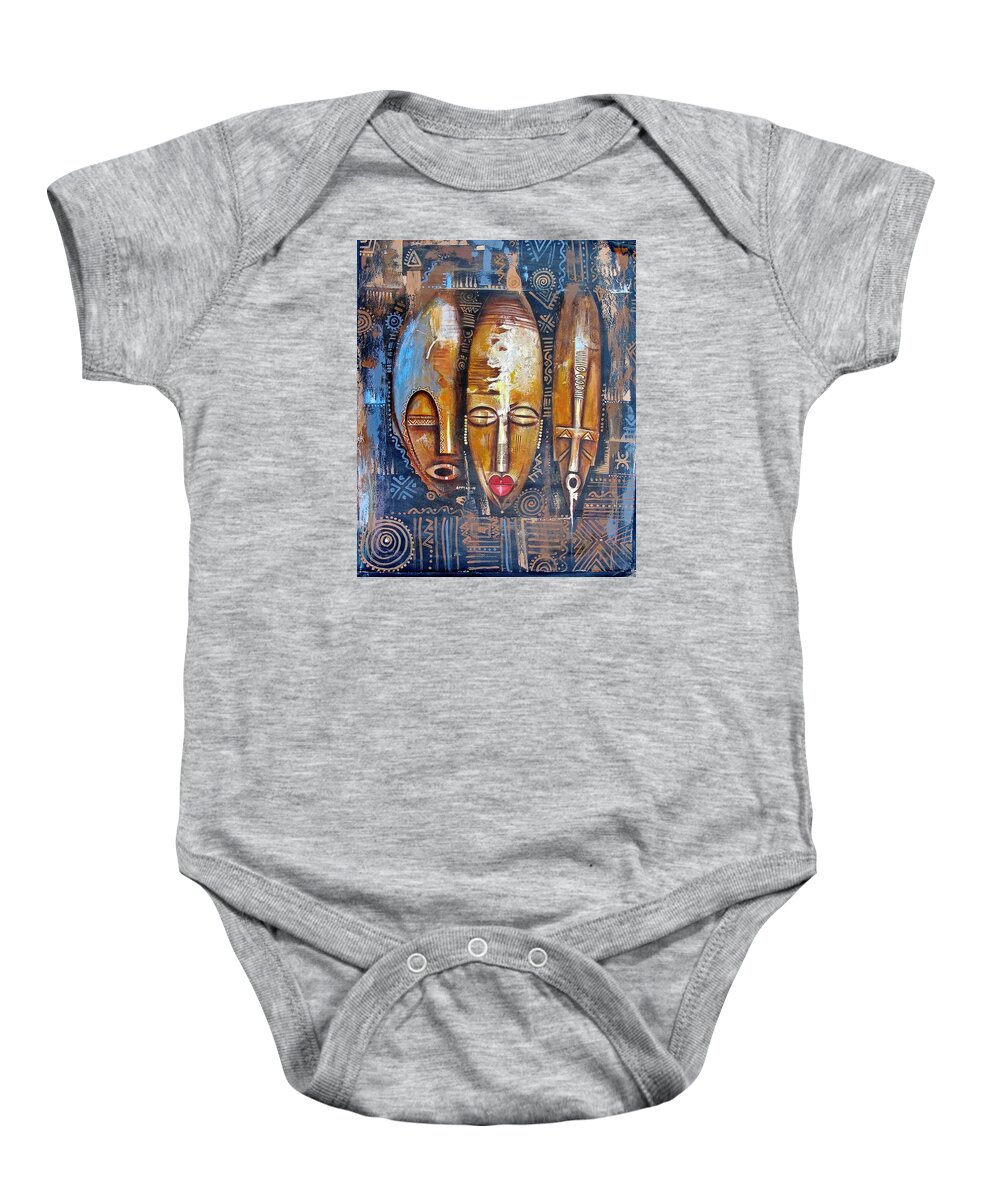 True African Art Baby Onesie featuring the painting Three Masks by Appiah Ntiaw