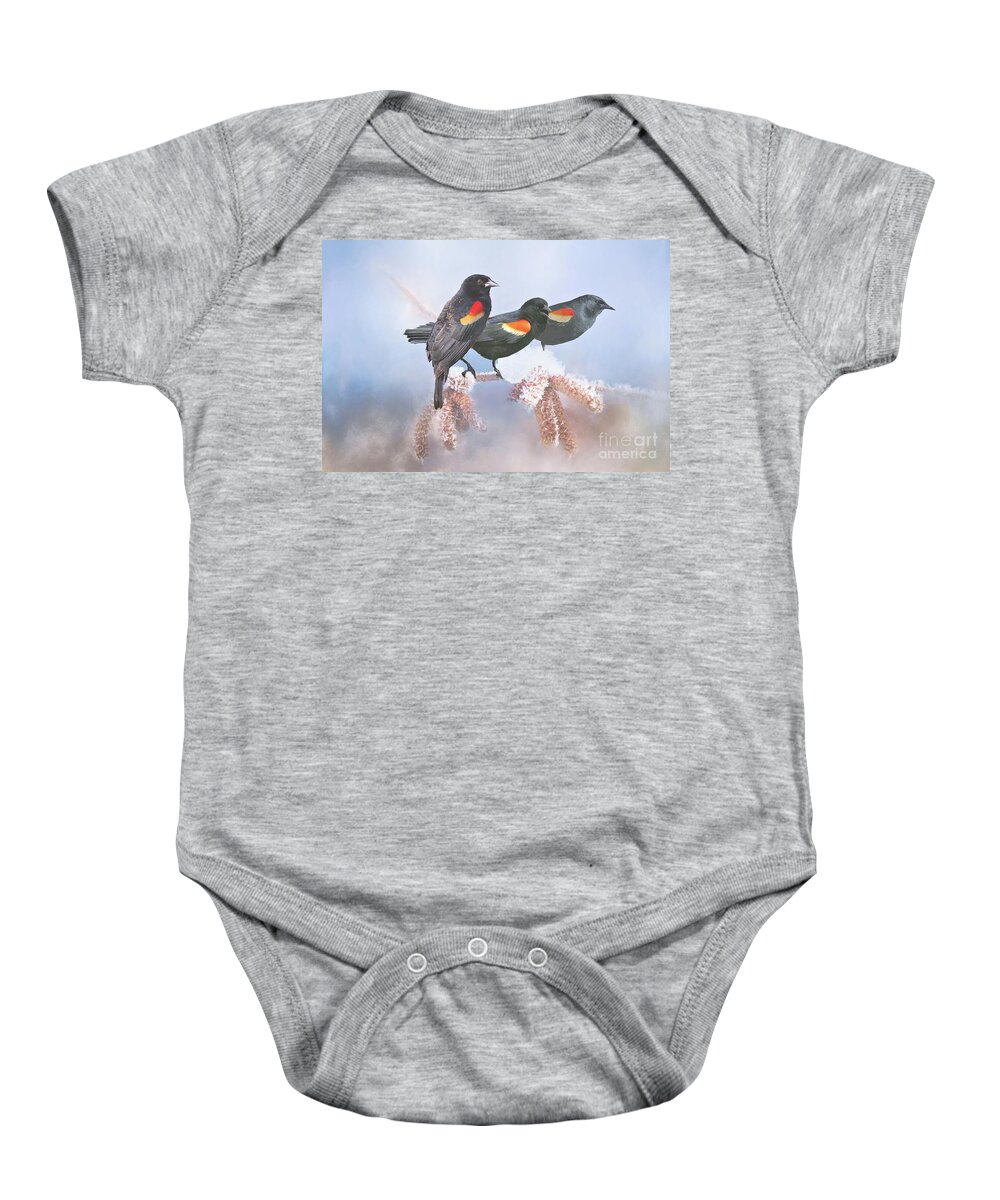 Blackbirds Baby Onesie featuring the photograph Three Red-Winged Blackbirds in a Row by Janette Boyd
