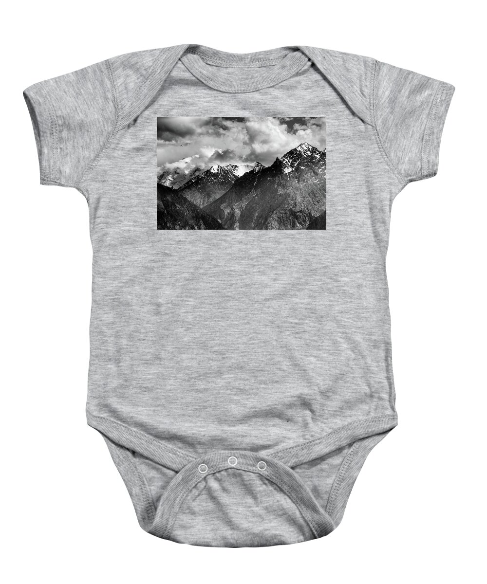 Black White Baby Onesie featuring the photograph Tian Shan by Robert Grac