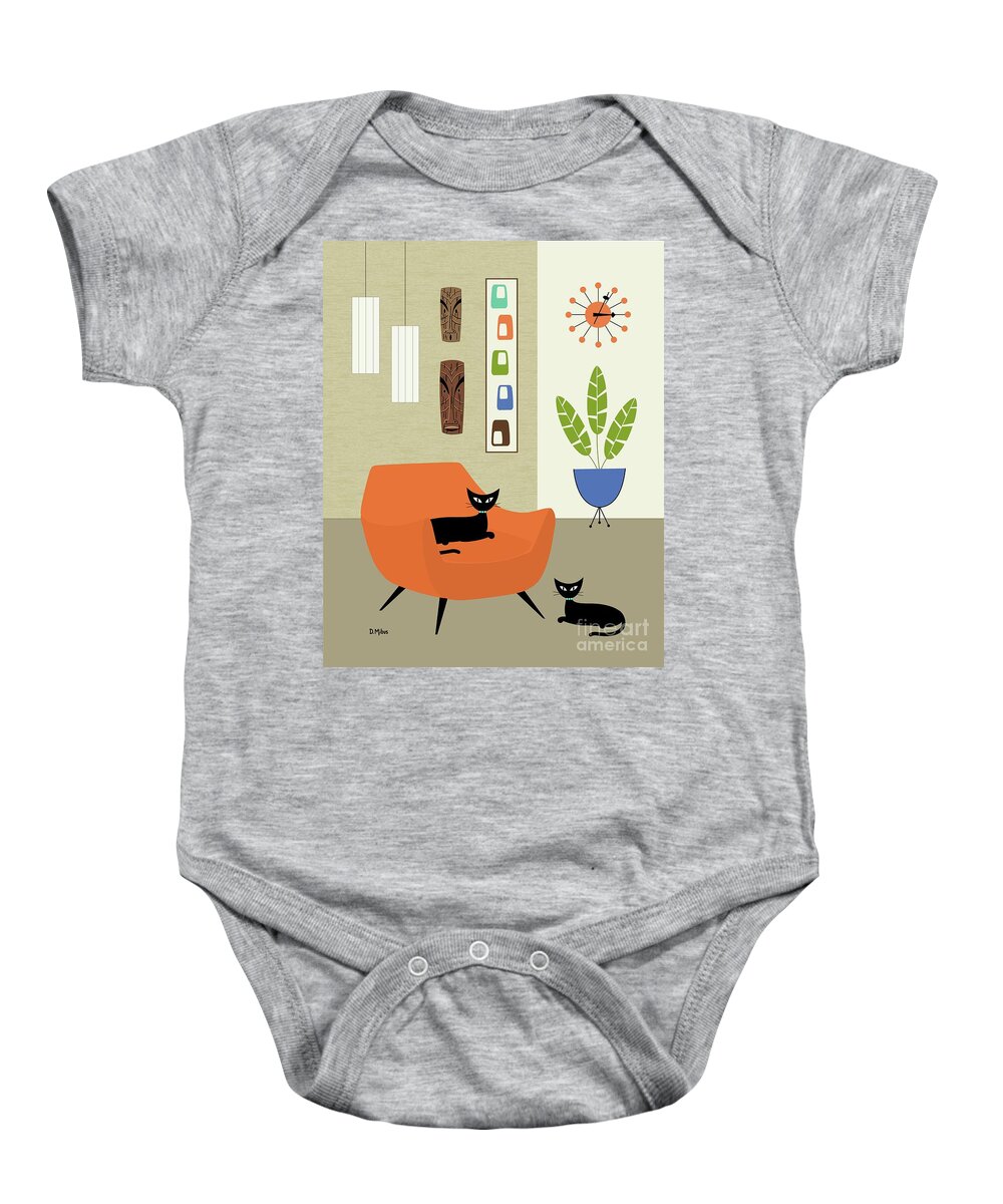 George Nelson Ball Clock Baby Onesie featuring the digital art Tikis on the Wall by Donna Mibus