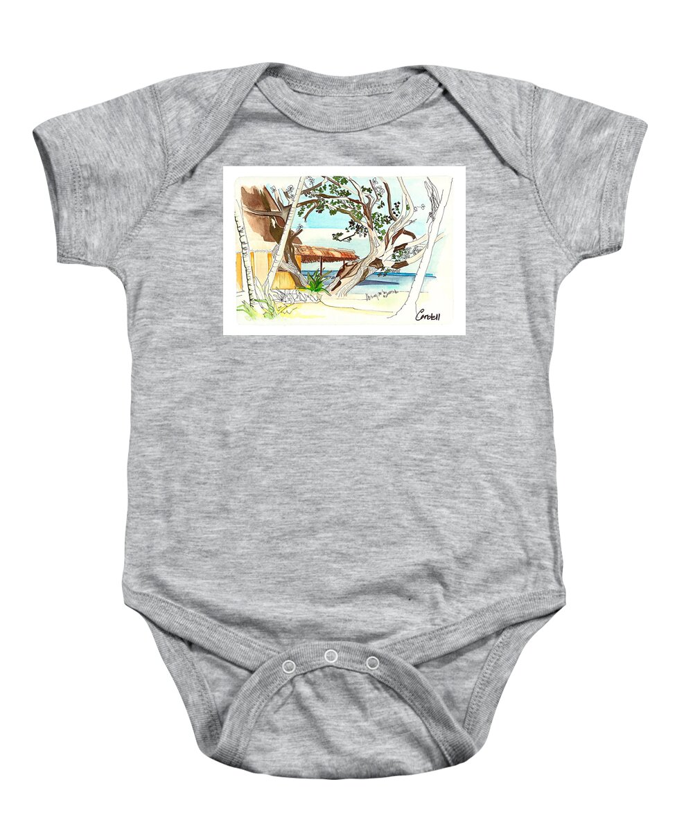 Tropical Trees  Bauhinia Baby Onesie featuring the painting Tomberua Bure - Fiji by Joan Cordell