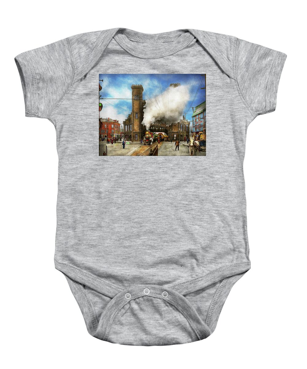 Self Baby Onesie featuring the photograph Train Station - Boston and Maine Railroad Depot 1910 by Mike Savad