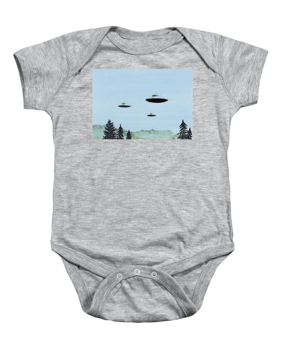 Ufos Baby Onesie featuring the mixed media UFO Trio by Jackie Irwin