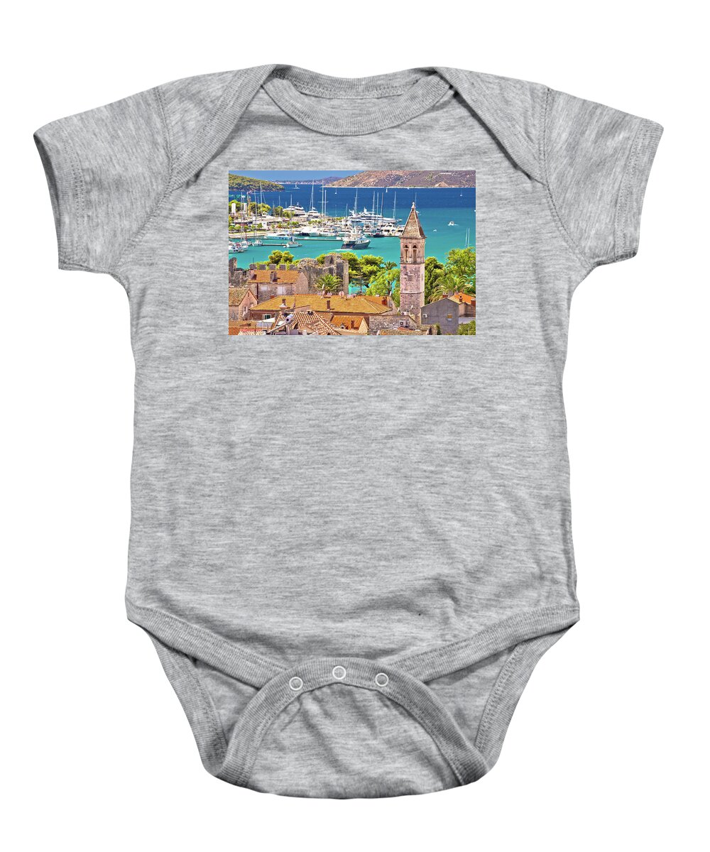 Mountain Baby Onesie featuring the photograph Trogir landmarks and turquoise sea view by Brch Photography