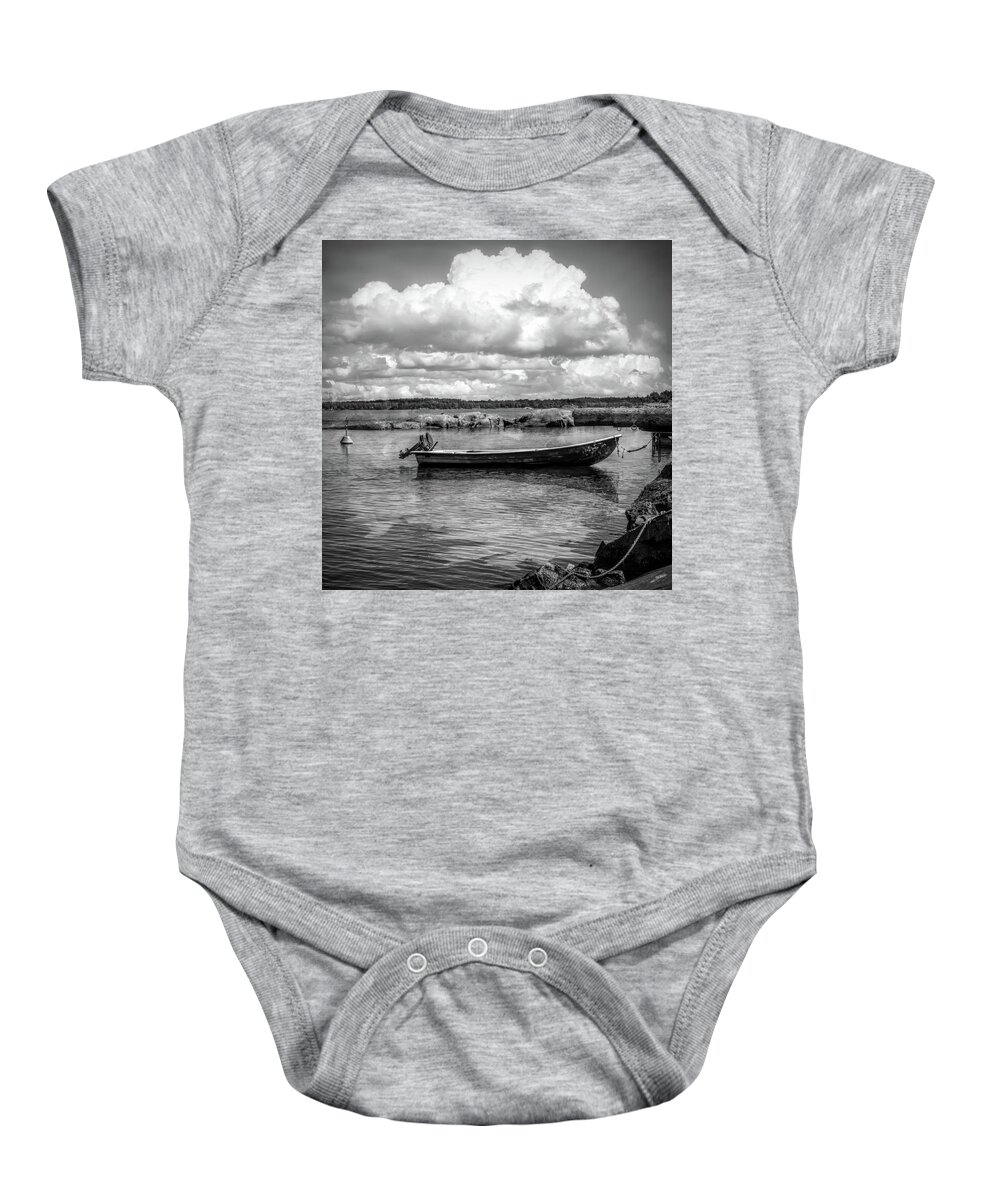 Boats Baby Onesie featuring the photograph Tucked in the Harbor in Black and White by Debra and Dave Vanderlaan
