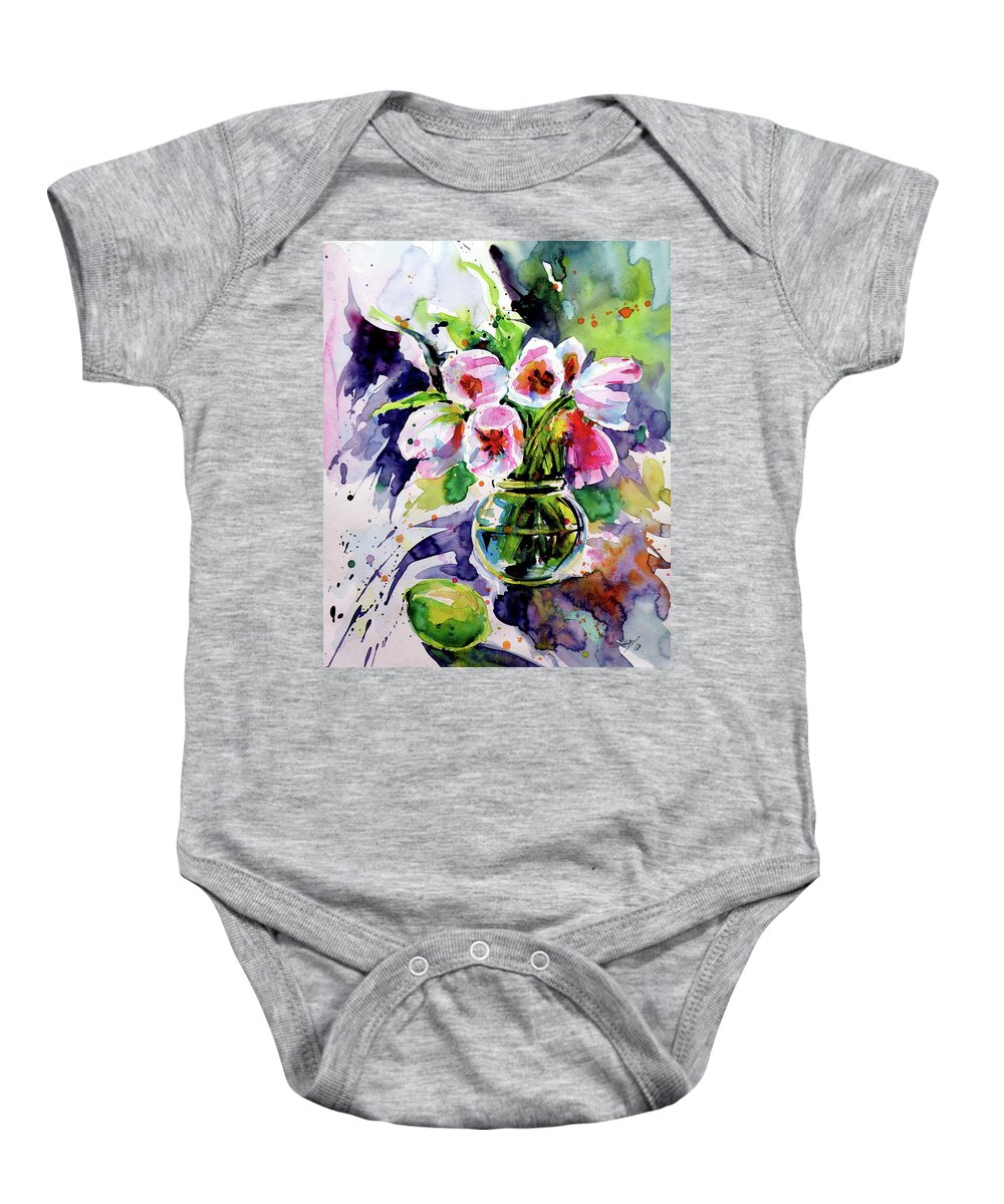 Still Life Baby Onesie featuring the painting Tulips with lemon by Kovacs Anna Brigitta