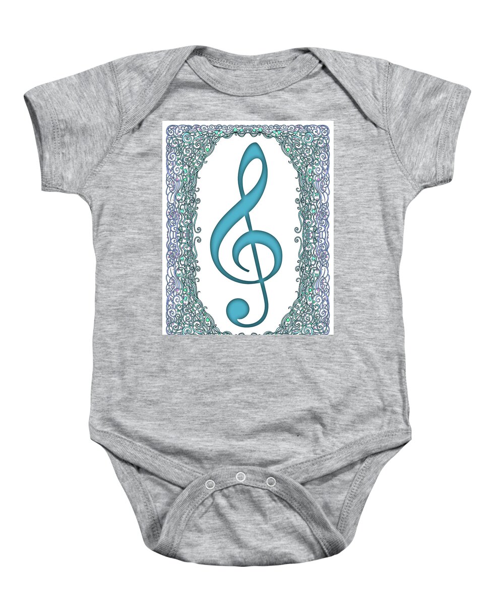Lise Winne Baby Onesie featuring the digital art Turquoise Treble Clef with Turquoise and Blue Border by Lise Winne