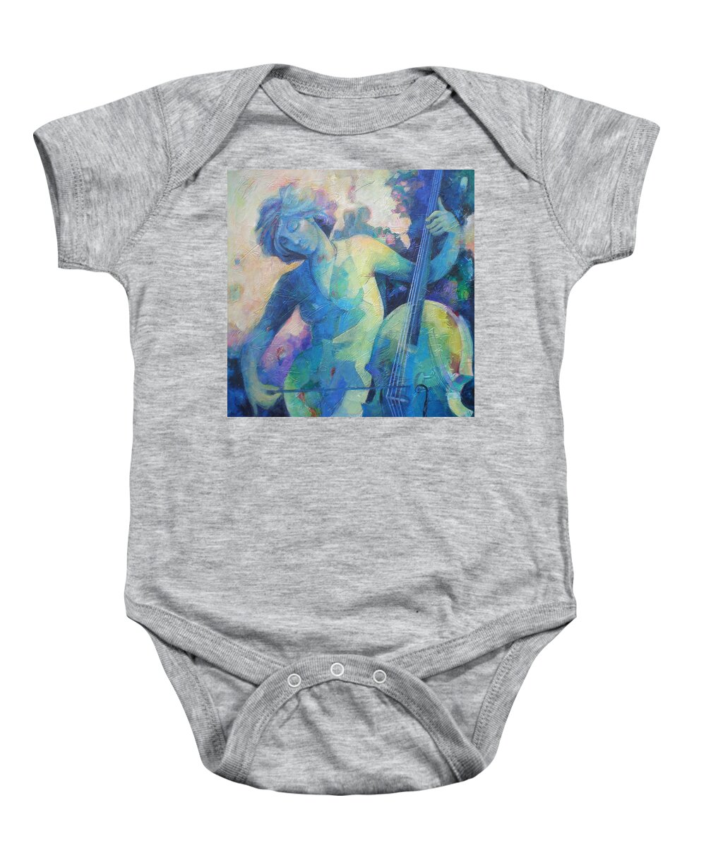 Susanne Clark Baby Onesie featuring the painting Twilight Rhapsody - Lady Playing the Cello by Susanne Clark