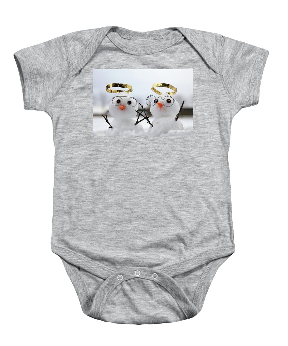 Snowmen Baby Onesie featuring the photograph Two cute snowman angles with golden halos by Simon Bratt