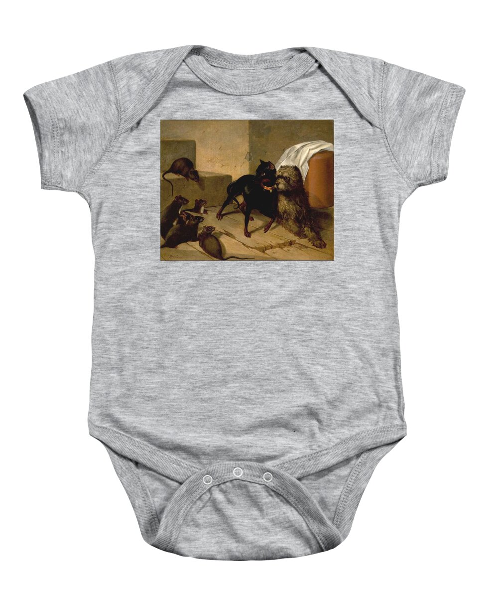 Two Dogs Cowering Before Rats Baby Onesie featuring the painting Two Dogs Cowering before Rats by MotionAge Designs