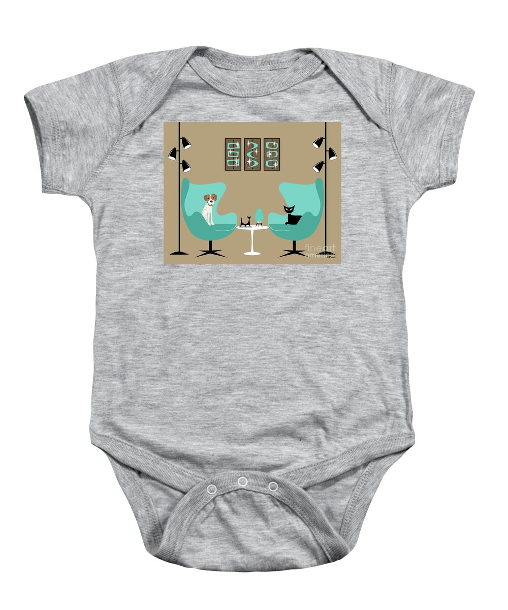 Mid Century Modern Baby Onesie featuring the digital art Two Egg Chairs with Dog and Cat by Donna Mibus