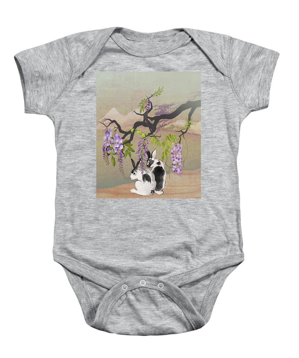 Rabbit Baby Onesie featuring the digital art Two Rabbits Under Wisteria Tree by M Spadecaller