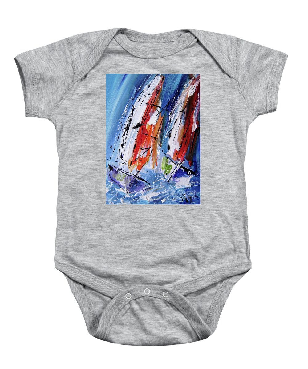 Sailing Baby Onesie featuring the painting Two sails on the ocean by Mary Cahalan Lee - aka PIXI