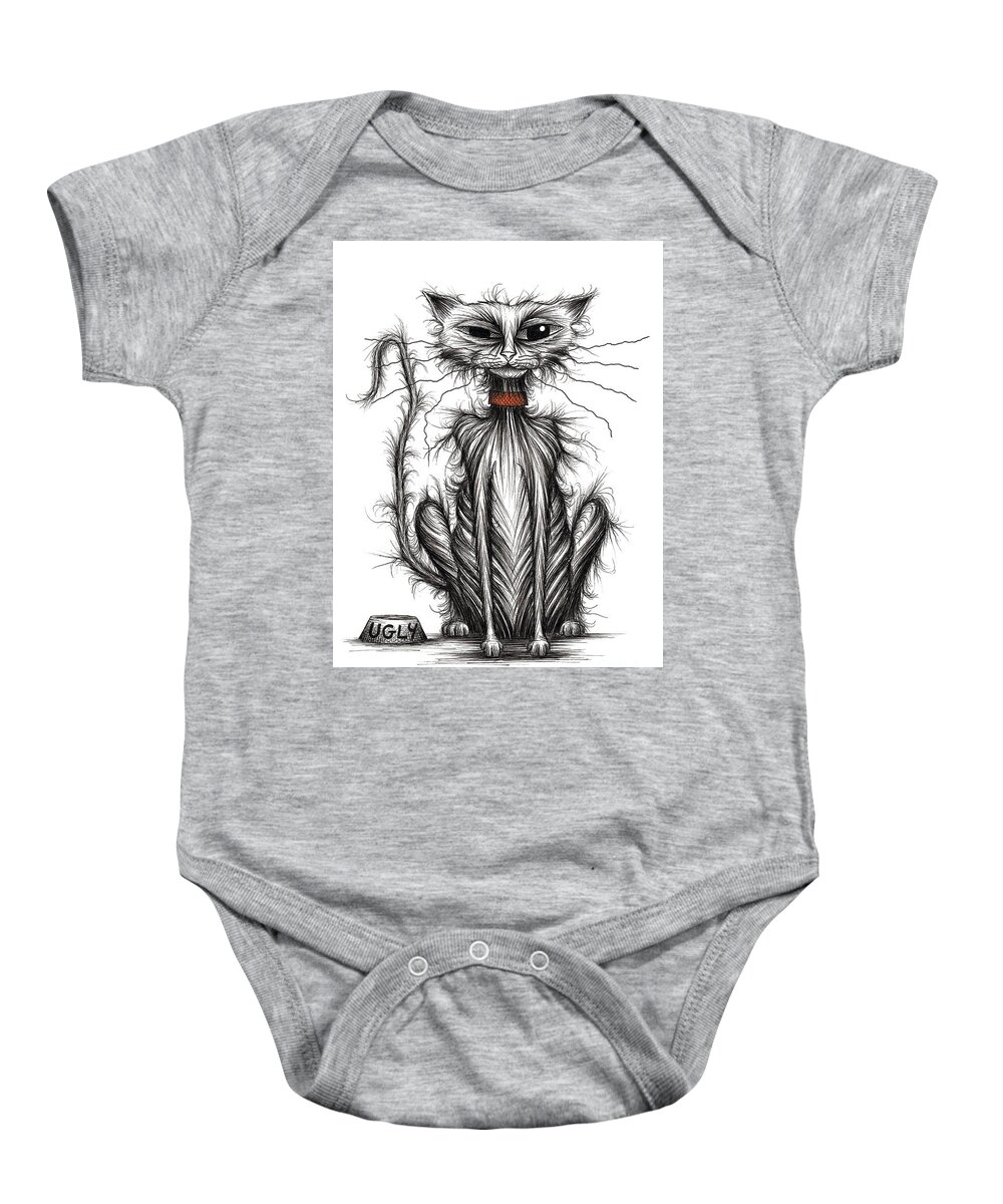Ugly Kitten Baby Onesie featuring the drawing Ugly the kitten by Keith Mills
