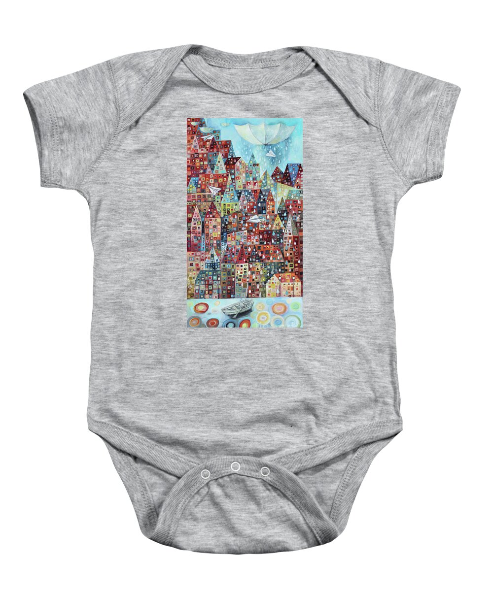 Umbrella Baby Onesie featuring the painting Riverside Rain by Manami Lingerfelt