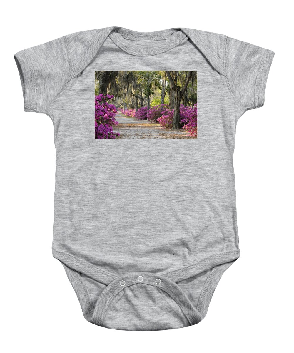 Road Baby Onesie featuring the photograph Unpaved road with Azaleas and Oaks by Bradford Martin