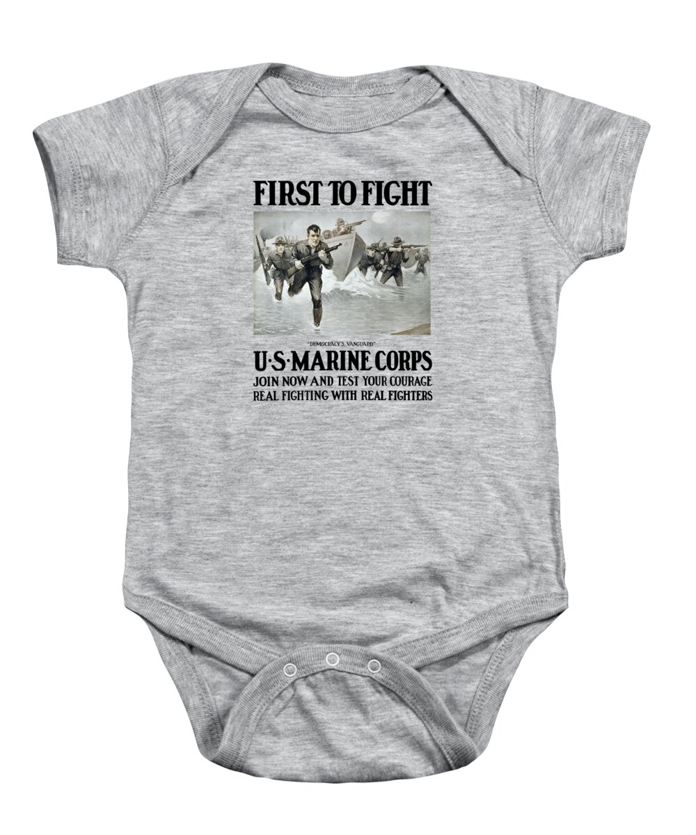 Marines Baby Onesie featuring the painting US Marine Corps - First To Fight by War Is Hell Store