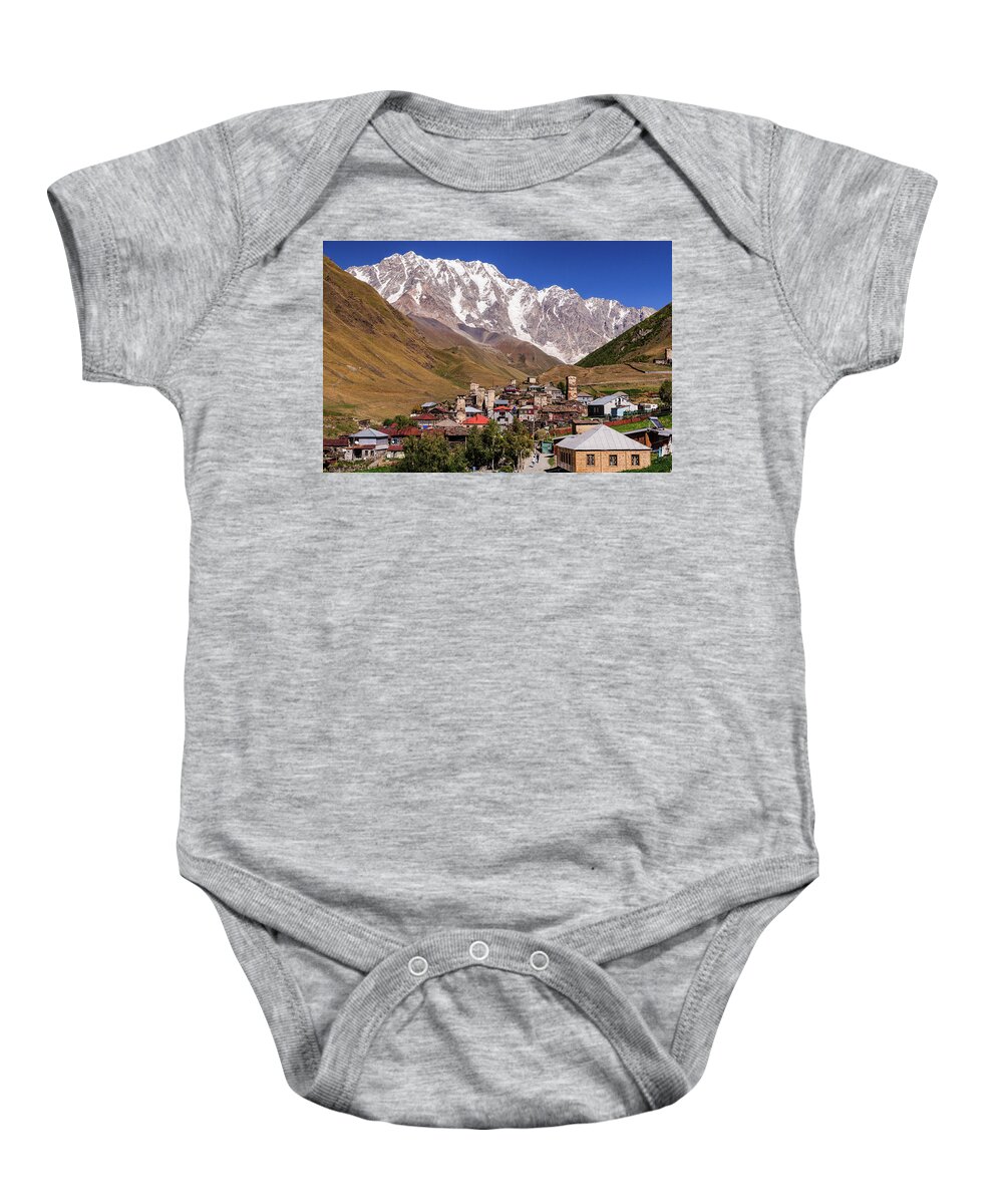 Landscape Baby Onesie featuring the photograph Ushguli and Shkhara Mount by Sergey Simanovsky