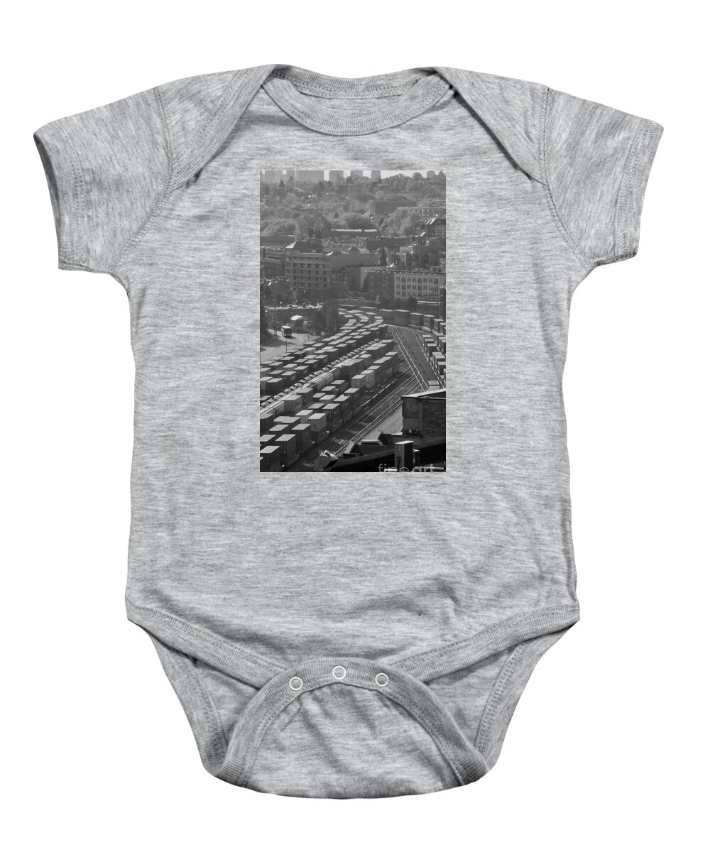 Black And White Railroad Cars Hazy Morning Baby Onesie featuring the photograph Vancouver, BC Series 1-3 by J Doyne Miller
